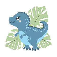 Cute funny cartoon dinosaur on a white background. Print, illustrtation, vector