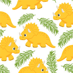Seamless pattern, cute funny dinosaurs and tropical leaves on a white background. Kids print, textile, wallpaper, vector © Tatiana
