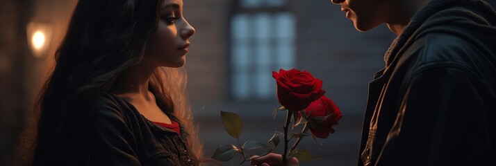 Valentine's Day concept, a man congratulates a woman on the holiday and gives her flowers, banner