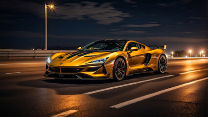 A gold luxury sports car on the highway