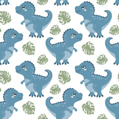 Obraz premium Seamless pattern, cute funny dinosaurs and tropical leaves on a white background. Kids print, textile, wallpaper, vector