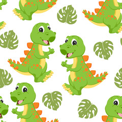 Seamless pattern, cute funny dinosaurs and tropical leaves on a white background. Kids print, textile, wallpaper, vector