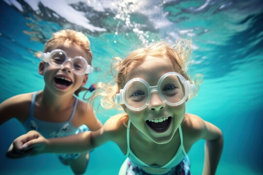 Cheerful children in swimsuits playfully dive into the turquoise pool, conveying the essence of children's fun.