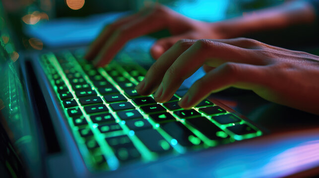Close-up of a person's hands typing on a laptop keyboard