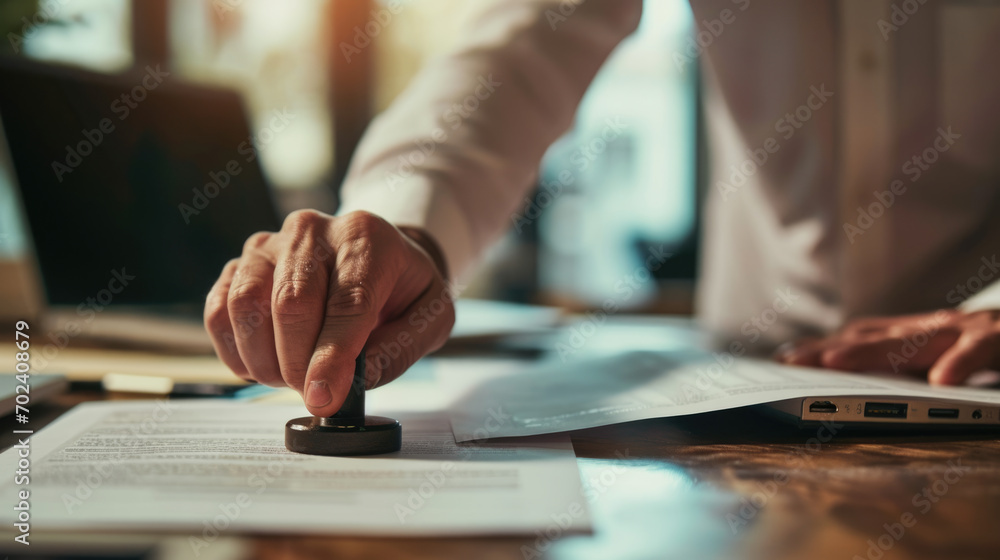 Sticker close-up of a man's hand holding a rubber stamp, poised to stamp a document on a desk