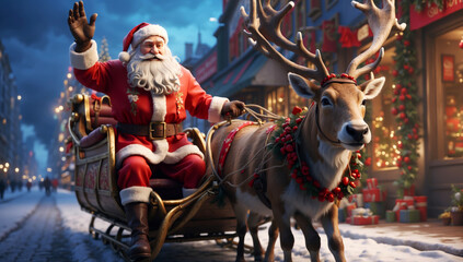 Fototapeta na wymiar Santa Claus waves to people from his sleigh