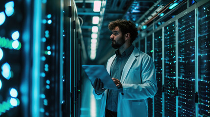 Fototapeta premium Focused IT professional using a laptop while standing in a server room with racks of network equipment illuminated by blue lights