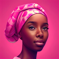Rosy Radiance: Captivating Black Beauty with Pink Headscarf on a Pink Setting