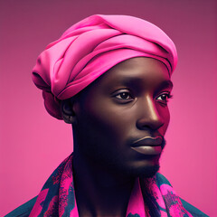 Masculine Grace: Handsome African American Guy in Pink Head Wrap on a Pink Canvas