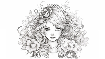 A beautiful young girl with beautiful eyes, face and hairs with flowers as colouring page for children and adults. Art therapy. 