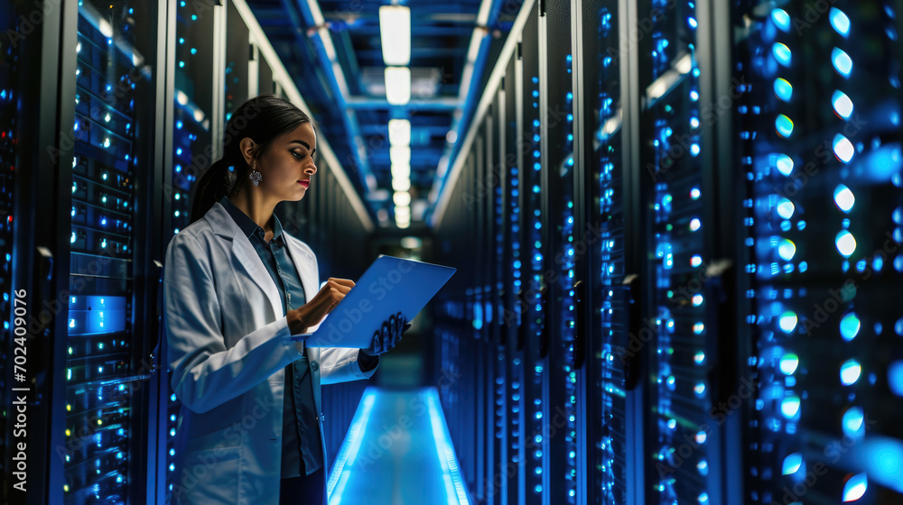 Aufkleber focused it professional using a laptop while standing in a server room with racks of network equipme