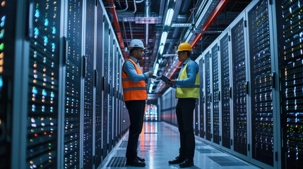Two engineers having a discussion in the brightly illuminated aisle of a server room filled with racks of computing equipment