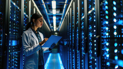 Focused IT professional using a laptop while standing in a server room with racks of network equipment illuminated by blue lights
