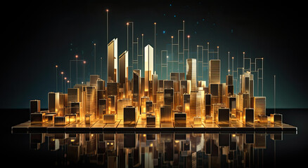 Golden city chart against a dark backdrop, illustrating financial growth, generative AI