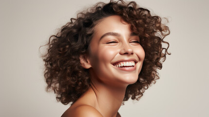 Woman with voluminous curly hair and a beaming smile, wearing a tank top and posing against a warm beige background.