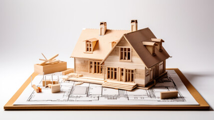 Detailed architectural model of a house with exposed wooden beams on top of building plans - obrazy, fototapety, plakaty