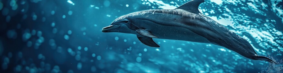 Beautiful underwater scene with dolphin, wide panoramic banner with copy space or web site header.