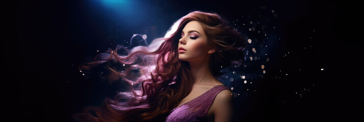 Fototapeta premium portrait of a woman with a long hair, purple dress on dark background. 