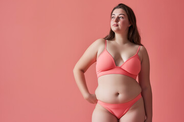 Obraz premium Confident Plus-Size Model in Pink Swimwear on Soft Background, Body Positivity Embraced