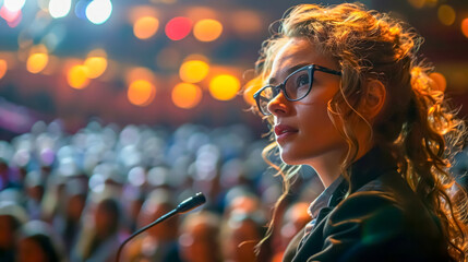 A successful young woman in a business suit and with glasses, a female entrepreneur talking at the conference - obrazy, fototapety, plakaty