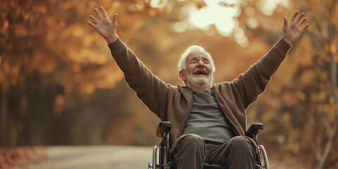 Smiling old senior man on a wheelchair - diversity and inclusion concept - Praising the Lord -...