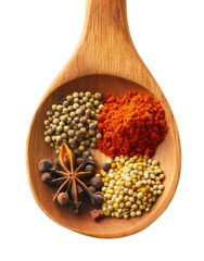 spices in a wooden spoon, the mix of a pepper, ground red paprika, anis, and sesame in a wooden spoon isolated on a transparent background