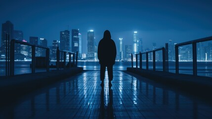 Night city scene with silhouette of dangerous criminal man wearing hood and looking for a victim, illustration for true crime story. Outdoor urban background. - obrazy, fototapety, plakaty