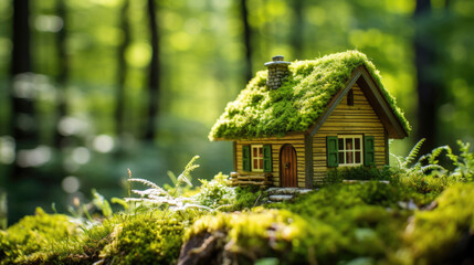 Fototapeta na wymiar Miniature house covered with moss and greenery, set in a lush, mossy landscape with beams of sunlight filtering through the background.