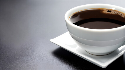 White cup of black coffee on a black table.