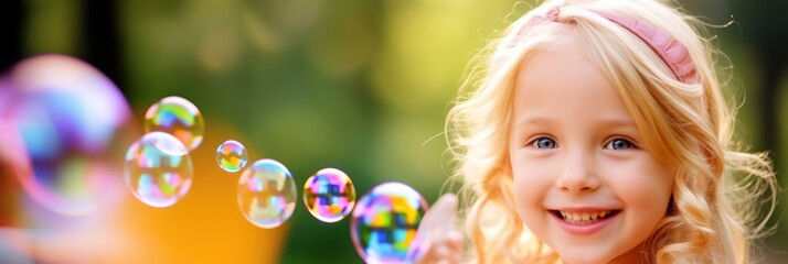 Happy little blonde girl playing with soap bubbles. Sunny day summer outdoor background. Wide panoramic banner.