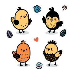 Cartoon Easter chicks. Cute baby farm birds with yellow feathers. Isolated newborn poultry, vector set