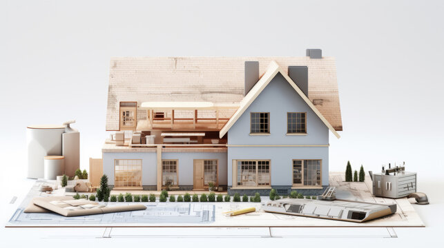 Detailed architectural model of a house with exposed wooden beams on top of building plans