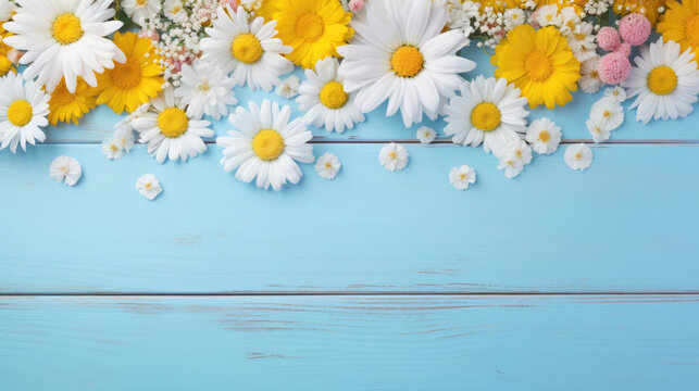 Fototapeta Floral arrangement of white daisies and yellow flowers scattered on a vibrant blue wooden background