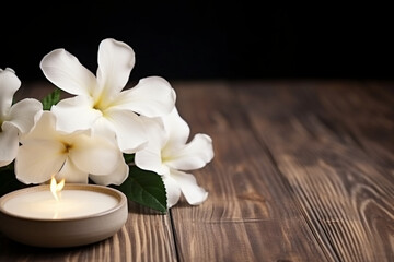 Spa still life with white flower on wooden table closeup