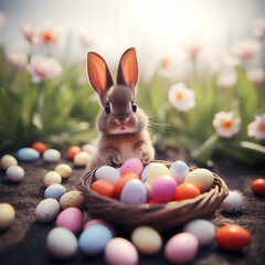 easter bunny and easter eggs in a basket in a spring forest with flowers