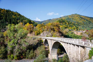 Fototapeta na wymiar Majestic Tall Bridge Over the River in the Mountainous Terrain