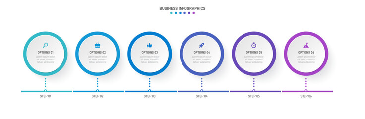 Timeline infographic with infochart. Modern presentation template with 6 spets for business process. Website template on white background for concept modern design. Horizontal layout.
