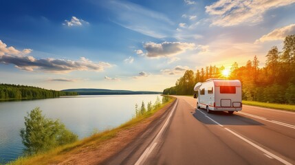 Discover the beauty of the world from the comfort of our motorhome! As we meander through stunning landscapes, every turn reveals a new postcard-worthy view. - obrazy, fototapety, plakaty