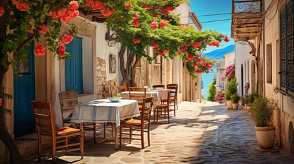 Outdoor cafe on a street of typical greek tradition