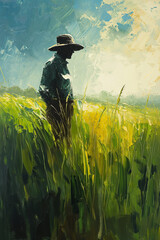 farmer in field, oil painting
