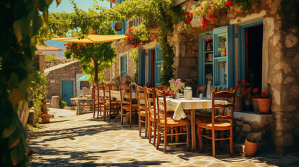 Fototapeta na wymiar Outdoor cafe on a street of typical greek tradition
