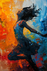 Woman dancing joyfully, energetically, confidently, oil painting