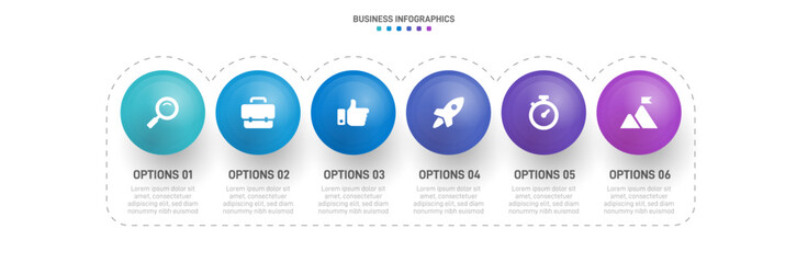 Timeline infographic with infochart. Modern presentation template with 6 spets for business process. Website template on white background for concept modern design. Horizontal layout.