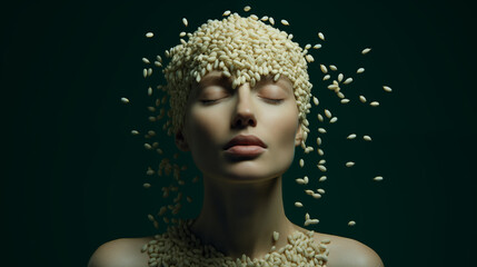 Sinnliches Portrait: Frau mit geschlossenen Augen und Reis auf dem Kopf und im Gesicht. Frontal. Abstrakte Illustration vor grünem Hintergrund. - obrazy, fototapety, plakaty