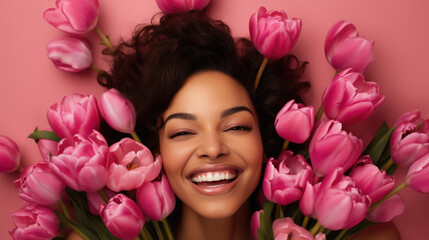 Woman peeking out from behind a large bouquet of pink tulips, with her eyes smiling and the rest of her face playfully hidden by the flowers.