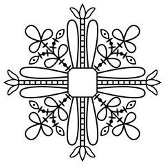 Geometrical floral ornament or square shape frame in folk style. Black and white linear silhouette.