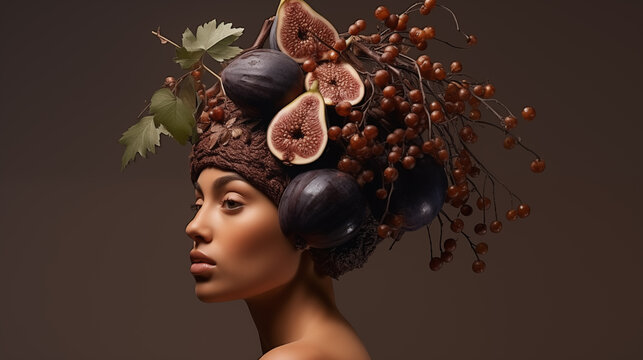 Sinnliches Portrait: Frau mit Feigen und Beeren auf dem Kopf. Konzept: K&ouml;rperkunst mit Nahrungsmitteln / Lebendiges Stillleben. Surreale Illustration vor braunem Hintergrund.