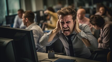 HR operations team member at a tech startup, working at his computer, he is pulling his hair out with hands out of frustration, he is very upset - obrazy, fototapety, plakaty