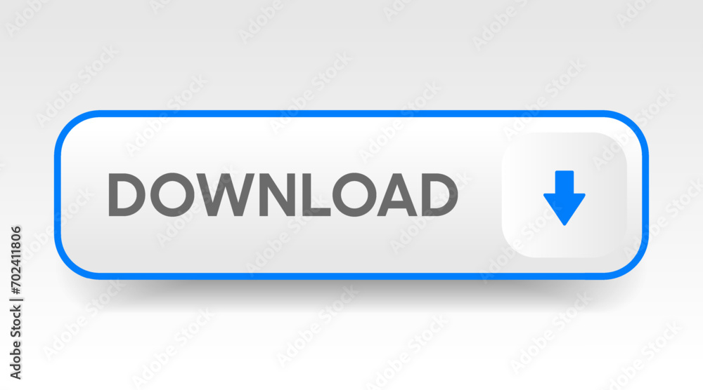 Aufkleber 3D blue download button icon. Upload icon. Down arrow bottom side symbol. Click here button. Save cloud icon push button for UI UX, website, mobile application.