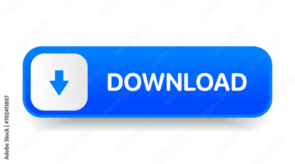 Poster 3D blue download button icon. Upload icon. Down arrow bottom side symbol. Click here button. Save cloud icon push button for UI UX, website, mobile application.